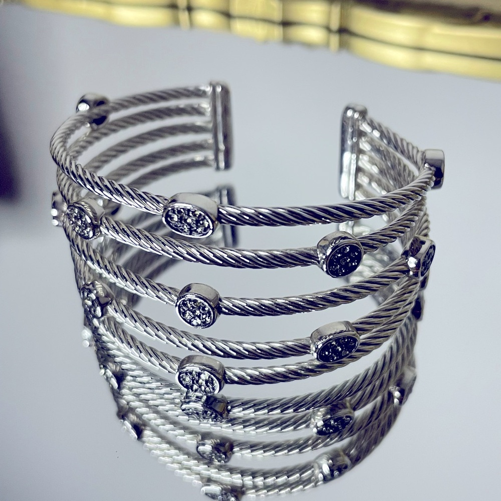 Metal Cuff Bracelet with Faux Diamond Clusters